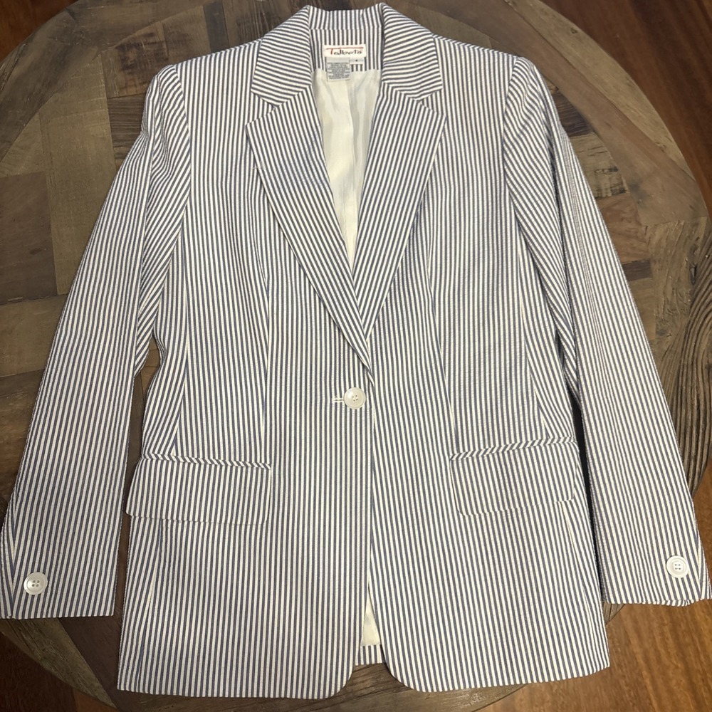 Talbots Blazer Jacket Striped Seersucker Nautical Navy White Cotton Size 4